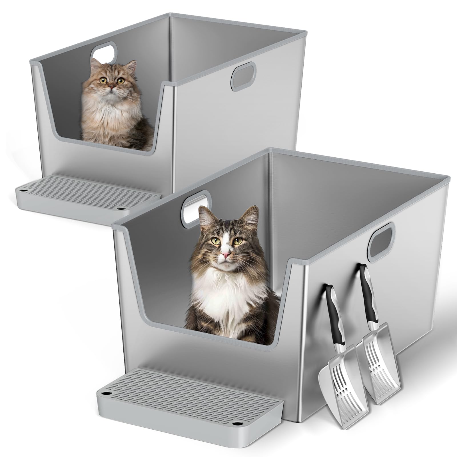 Photo 1 of 2 Pack 12'' High Sides Stainless Steel Litter Box for Big Cats,XXL Metal Maine Coon Litter Box with Tall Wall,XXXL Deep Litter Boxes with Low Entry for Senior Cats,Never Absorbs Odors