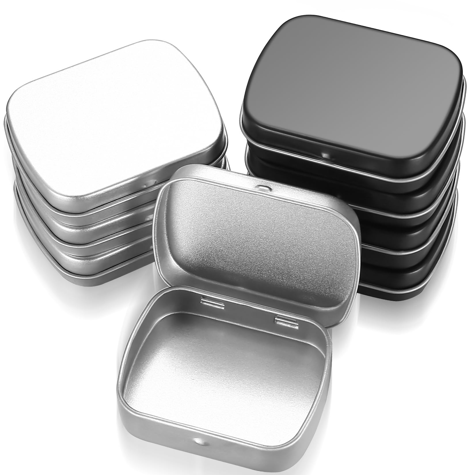 HAOCHEN 8 Pieces Rectangular Small Tin Boxes, Tins Containers, Empty Hinged Tins with Lids, Metal Storage Tin Box with Lid for Candy Key Earring Coin Organizer, Black+Silver, 2.4x1.77x0.59 Inch