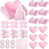 Fanfanwin 36 Pcs Sleepover Party Supplies for Girl Spa Slumber Birthday Favors Throw Blanket Pillow Eye Mask Headband Scrunchies (Solid Color,Pink)