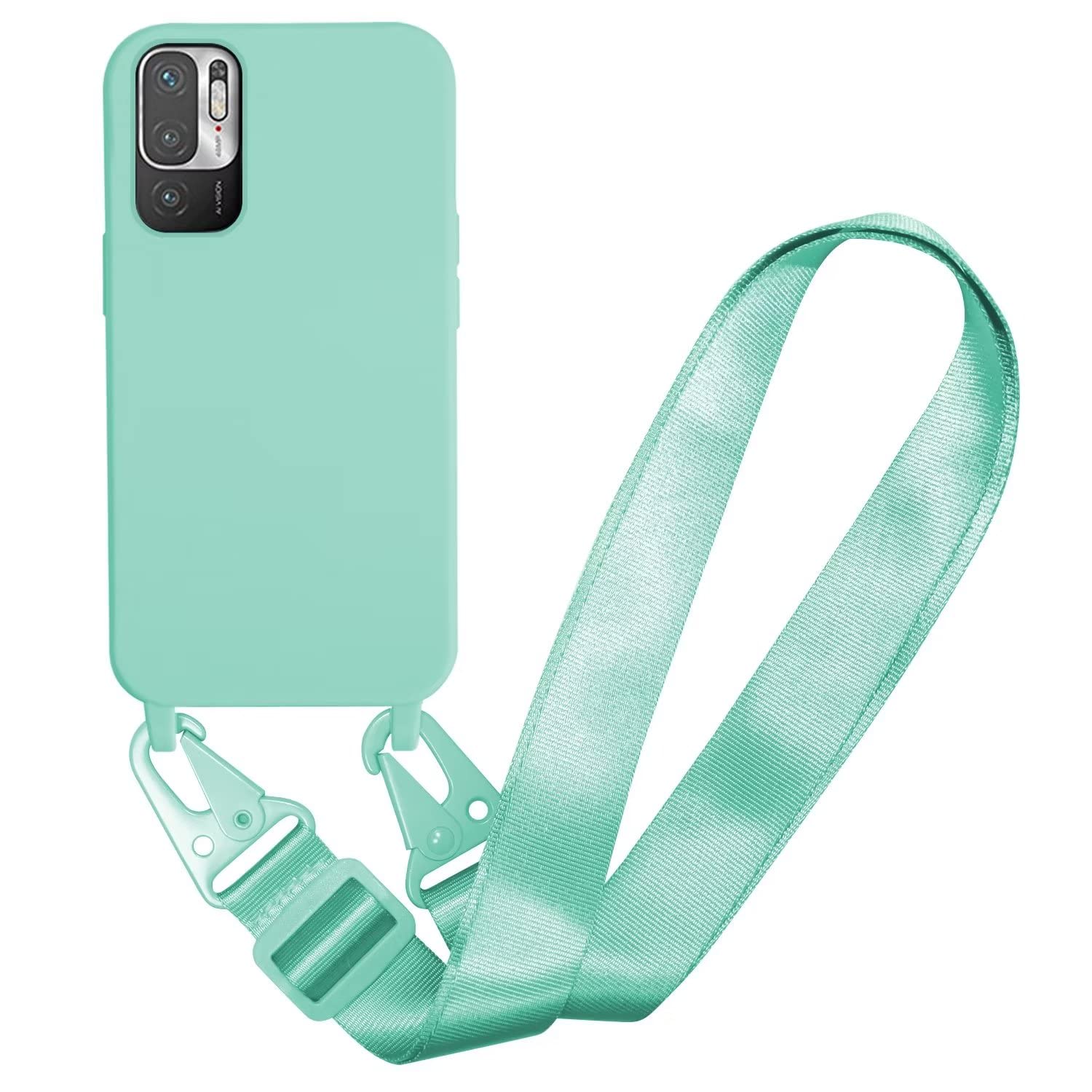 SLWYF Compatible with Xiaomi Redmi Note 10 5G Case, Liquid Silicone Protective Phone Case with Strap Adjustable Neck Cord Necklace Soft Cover Crossbody Lanyard for Xiaomi Redmi Note 10 5G, Mint Green
