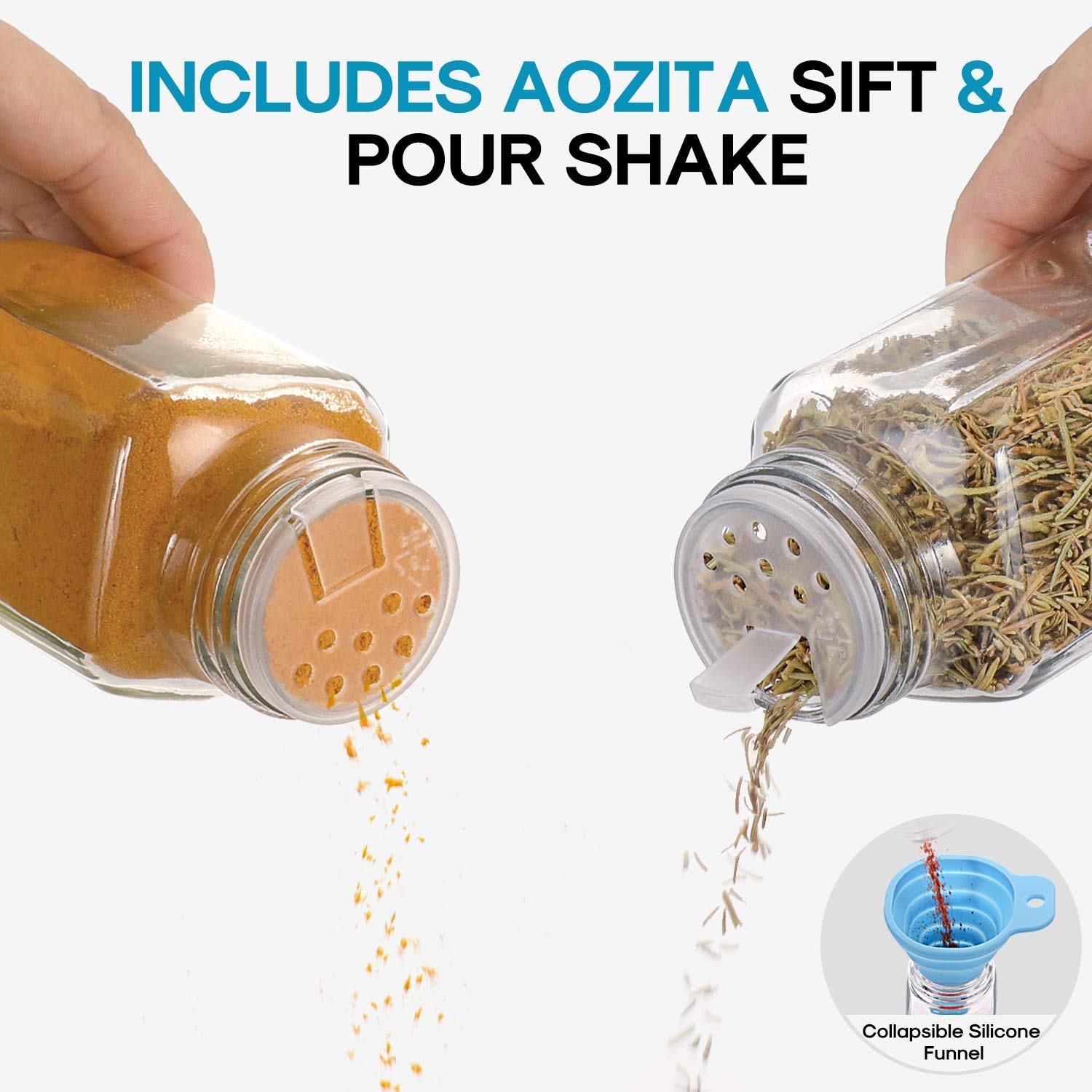 Aozita 4 oz Glass Spice Jars Bottles Empty Square Spice Containers with 810 Spice Labels, Shaker Lids, Airtight Metal Caps with Silicone Collapsible Funnels