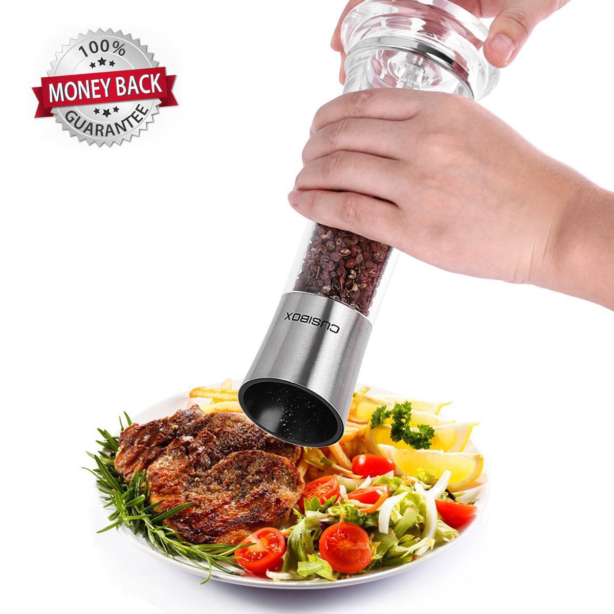 Manual Salt or Pepper Grinder, CUSIBOX Stainless Steel Salt and Pepper Mill Grinder Shaker with Adjustable Coarseness