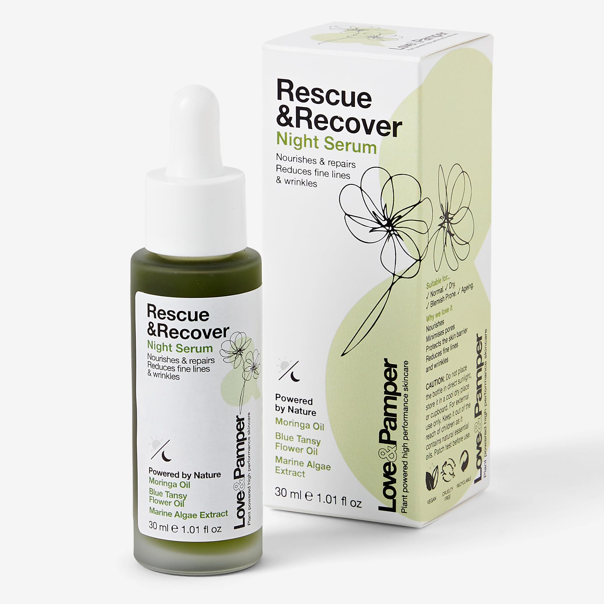 Love & Pamper RESCUE & RECOVER Night Repair Serum - Plant Powered, Vitamin E, Targets Dark Spots, Reduces Fine Lines, Redness, Repair & Nourishes Skin, Smooths Texture Overnight