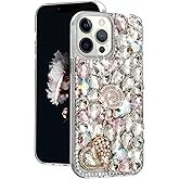 Losin iPhone 13 Pro Max Bling Diamond Case for Women - Crystal Rhinestones, 3D Glitter, Shiny Sparkly Gemstone, Cute Heart Pattern, Pearl Cover
