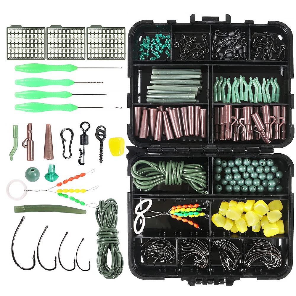 Carp Fishing Tackle Box Set, 275PCS Fishing Accessories Kit Box Include Leader-Clips Beads Hooks Tubes Swivels Baiting Terminal Rigs