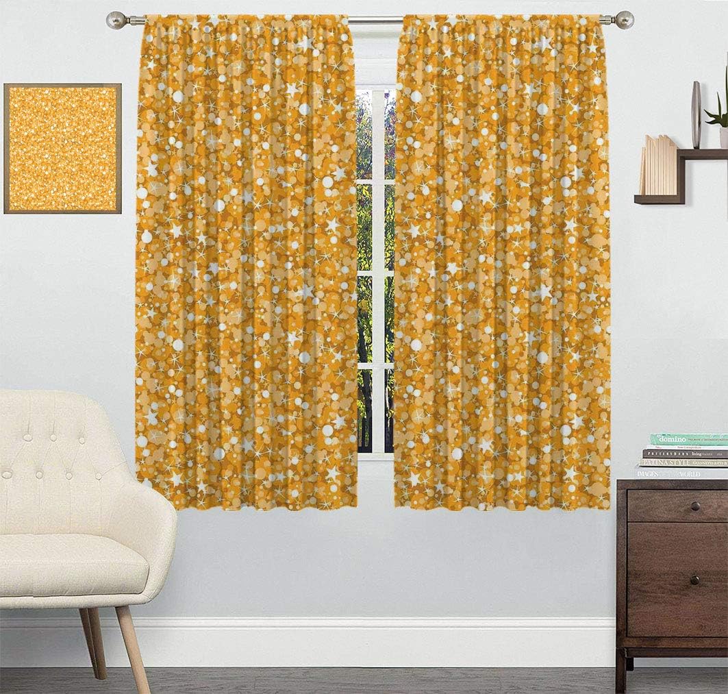 Yellow Curtains, Golden Texture with Dots and Stars Christmas
