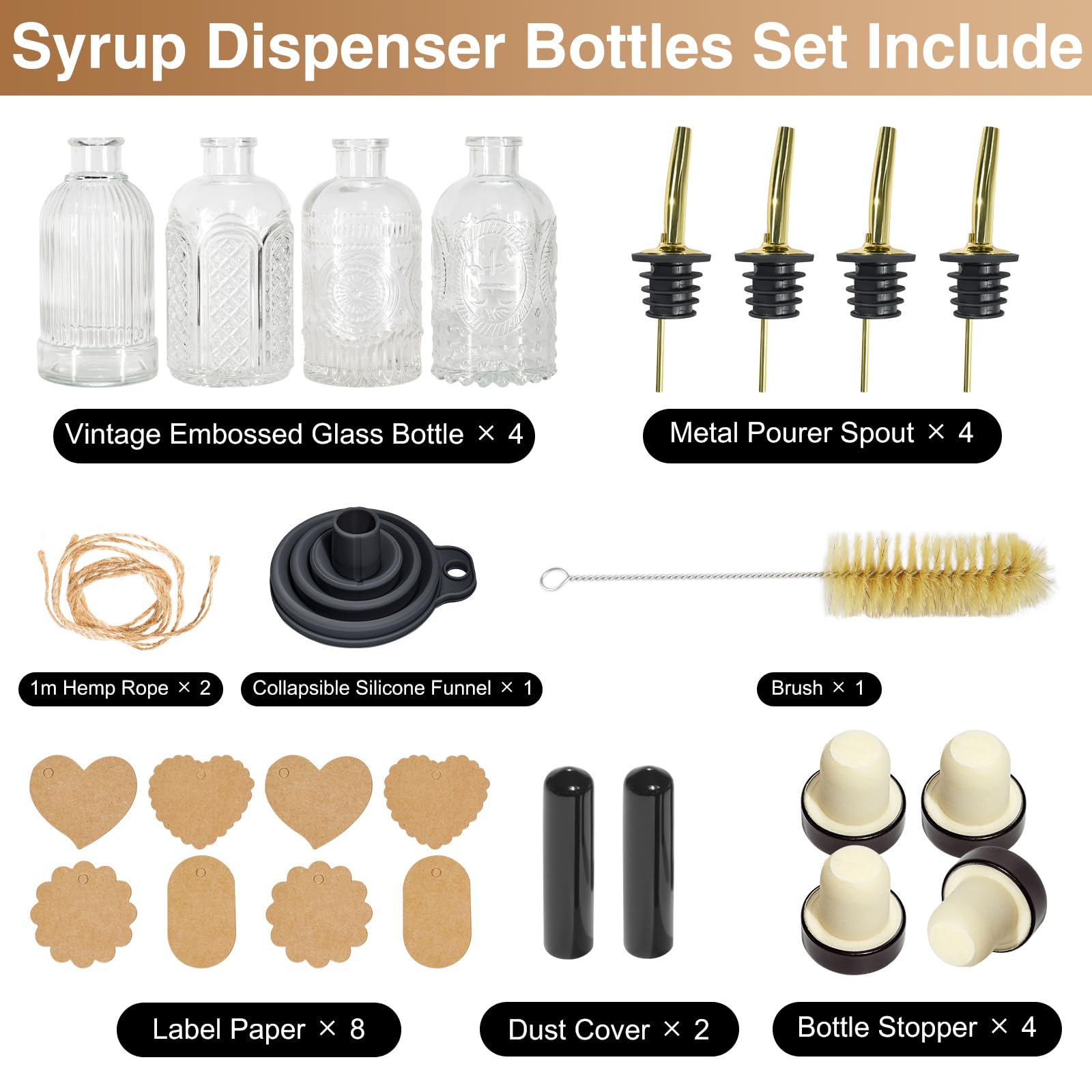 Coffee Syrup Dispenser Bottles Set 4 Pcs, 7oz/200ml Coffee Bar Accessories with Metal Pour Spout, Simple Syrup Bottles for Coffee Syrups, Honey, Condiments, Olive Oil, with Label, Funnel, Cork, Brush