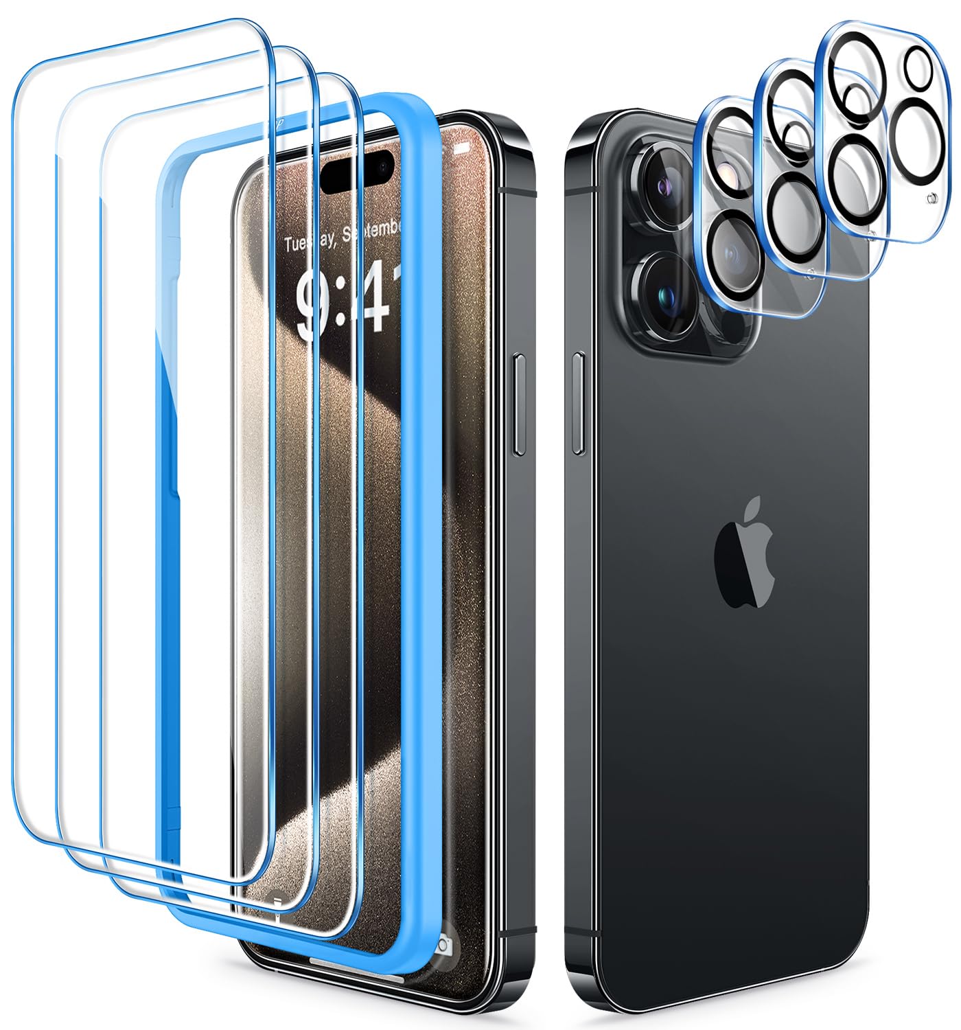 Photo 1 of CANSHN [3+3 Pack for iPhone 15 Pro Screen Protector Tempered Glass & Camera Lens Protector Accessories with Easy Installation Frame, Double Shatterproof Glass Protector for iPhone 15 Pro 6.1 Inch