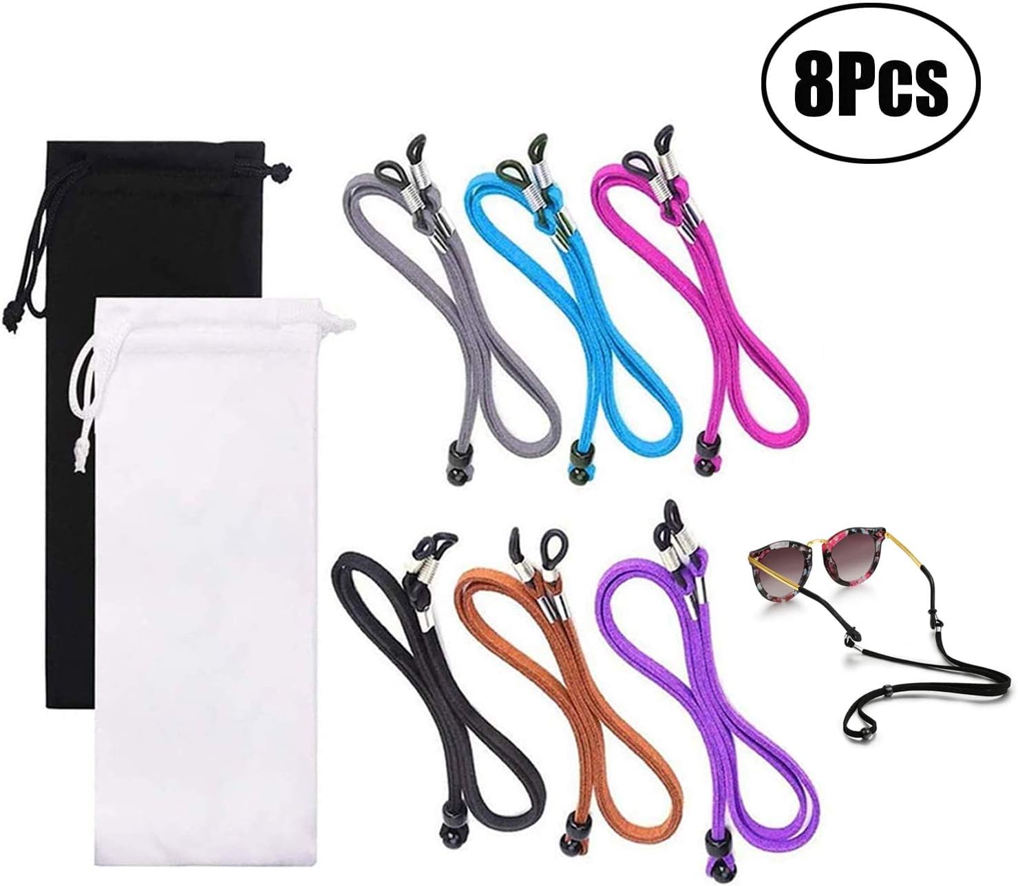 Lvcky Eyeglasses Strap Chain, 6 Multi-Colored PU Leather Non-Slip Eyewear Retainer String Necklace Cord, 27.6inch Glasses Lanyard Holder Fits Most Eyewear - 2 Free Storage Pouches - Pack of 8