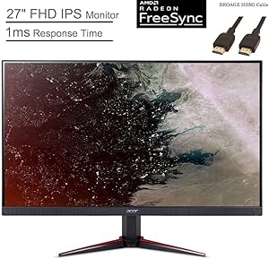 Acer Nitro VG270 27" Widescreen IPS Monitor, FHD 1920 x 1080 Screen, AMD FreeSync, 1ms Response Time, VGA & DisplayPort, HDMI, Black, BROAGE HDMI Cable 5ft