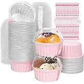 100 Pcs Aluminum Foil Baking Cups with Lids,5 oz Disposable Ramekin Cupcake Liners,Reusable Mini Muffin Case Dessert Containers for Birthday Wedding Party (Pink)