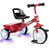 Bobike Toddler Tricycle for Ages 2-5 Years, Tricycle with 2 LED Light Wheels, Toddler Bike with 3-Position Seat and Rear Basket, Kids Bike Gift for Boys &amp; Girl (Red)