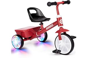 Bobike Toddler Tricycle for Ages 2-5 Years, Tricycle with 2 LED Light Wheels, Toddler Bike with 3-Position Seat and Rear Basket, Kids Bike Gift for Boys & Girl (Red)