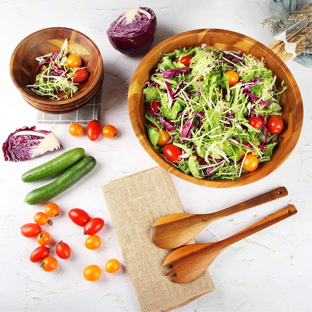 AIDEA Wooden Salad Bowl, 12.5Inch Acacia Wood with Salad Spoon and Fork: Kitchen & Dining