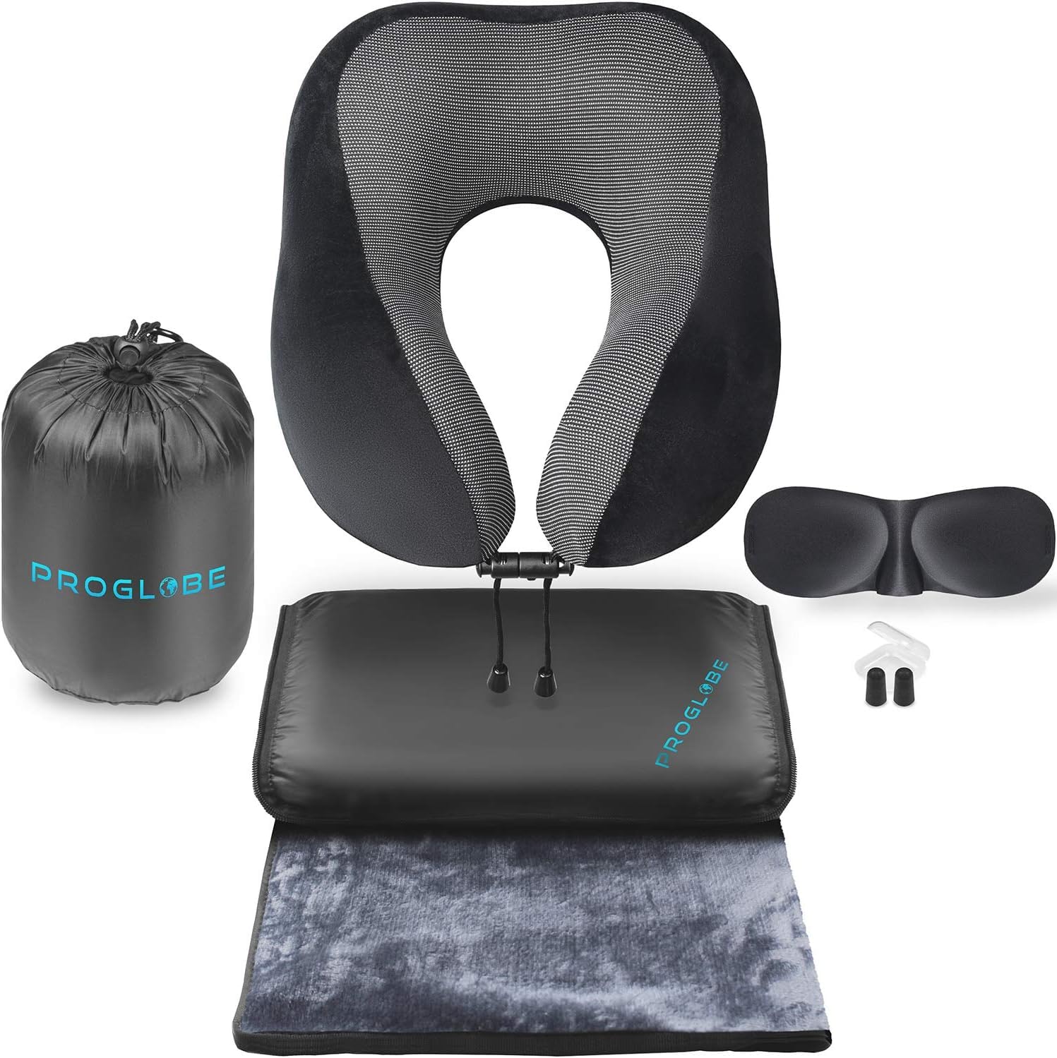 Proglobe Travel Blanket Luxury Travel Set, Ergonomic Airplane Neck Pillow 100% Memory Foam and Super Soft Fleece Blanket, Premium 3D Sleep Mask & Earplugs, Black