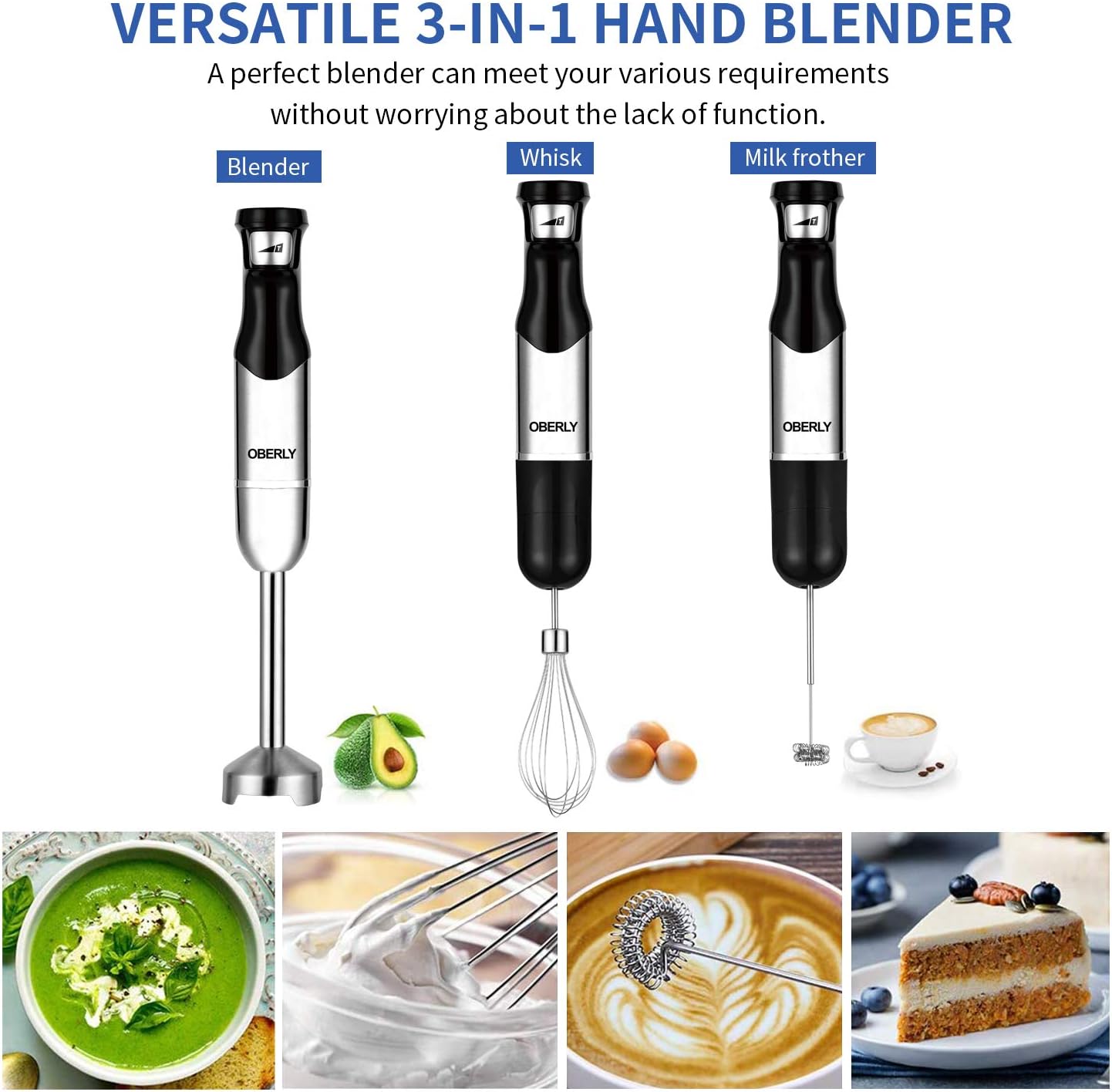 Immersion Hand Blender, OBERLY 3 in 1 Set 500 Watt Smart Stepless Speed Control Multi-Purpose Handheld Stick Blender, Heavy Duty Copper Motor Brushed Stainless Steel Finish With Whisk, Milk Frother Attachments: Kitchen & Dining