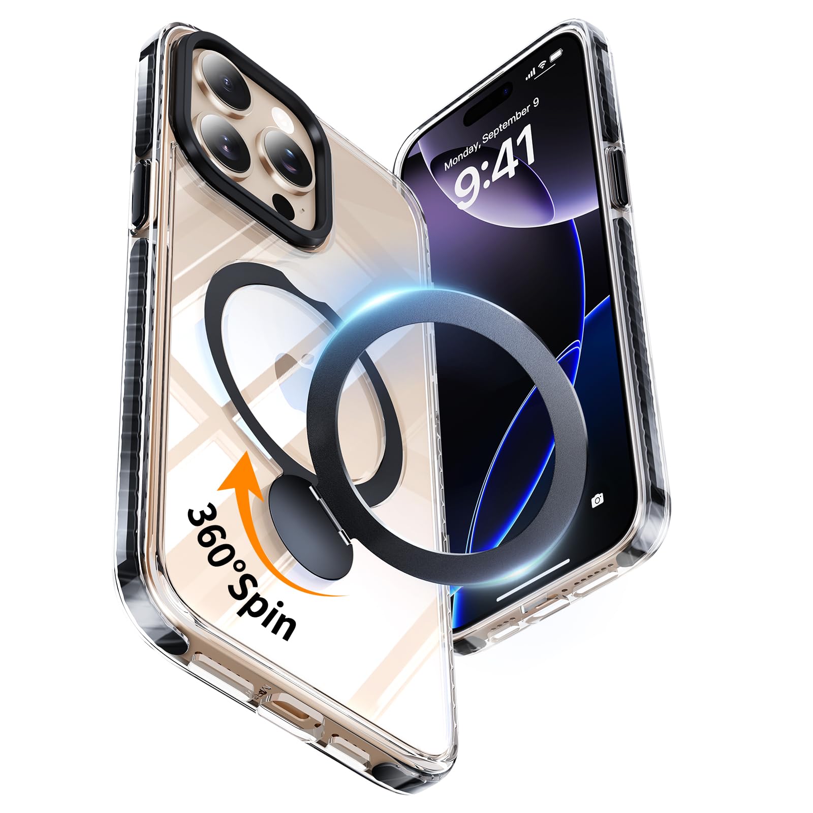 Photo 1 of YOOVEI for iPhone 15 Pro Max Case Clear with Kickstand 360°Rotatable Invisible Magnetic Ring Stand [Compatible with MagSafe] [Drop Protection] Transparent Slim Phone Grip Cover 6.7 inch, Clear Black