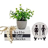 Bathroom Shelf Decor Signs, Book Stack and 3D Round Signs With Fake Plants, Funny Hello Sweet Cheeks Wooden Rustic Decor for Restroom Shelf Thanksgiving Christmas Gift (Sweet Cheeks)