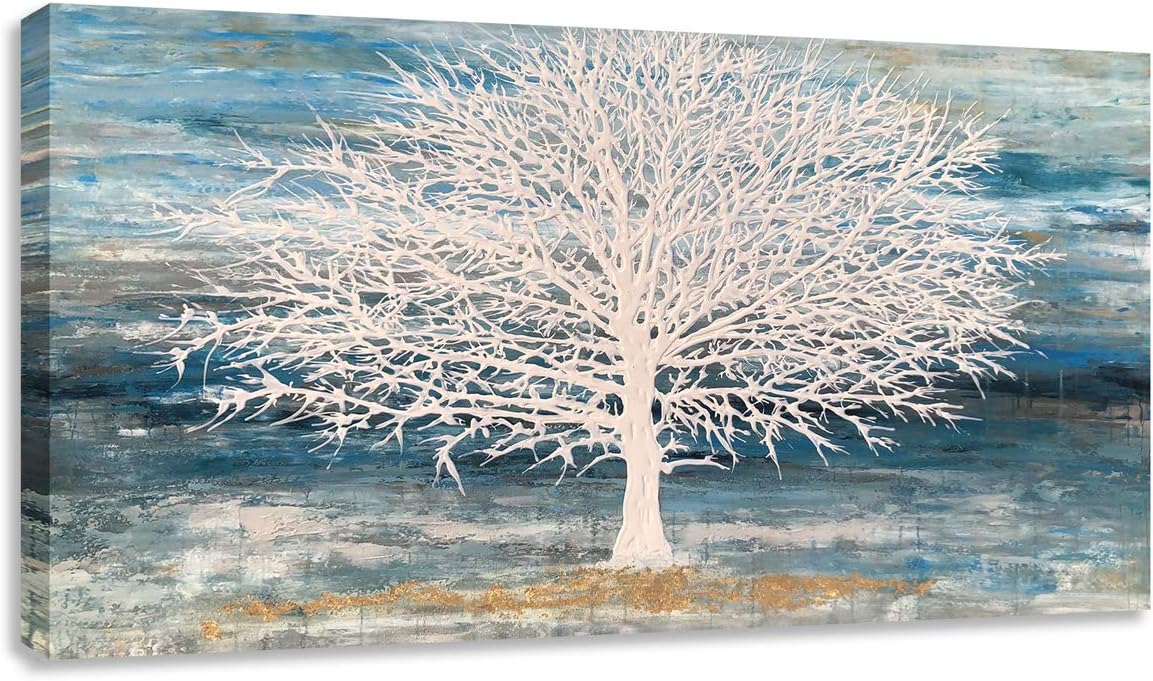 Paintings - RICHSPACE ARTS Modern Tree Canvas Wall Art Teal Blue and White Pictures Large Abstract Decor Framed Landscape Oil Painting Artwork with 3D Texture and Gold Foil for Living Room Bedroom(20W*40L