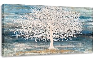RICHSPACE ARTS Modern Tree Canvas Wall Art Teal Blue and White Pictures Large Abstract Decor Framed Landscape Oil Painting Artwork with 3d Texture and Gold Foil for Living Room Bedroom(20W*40L