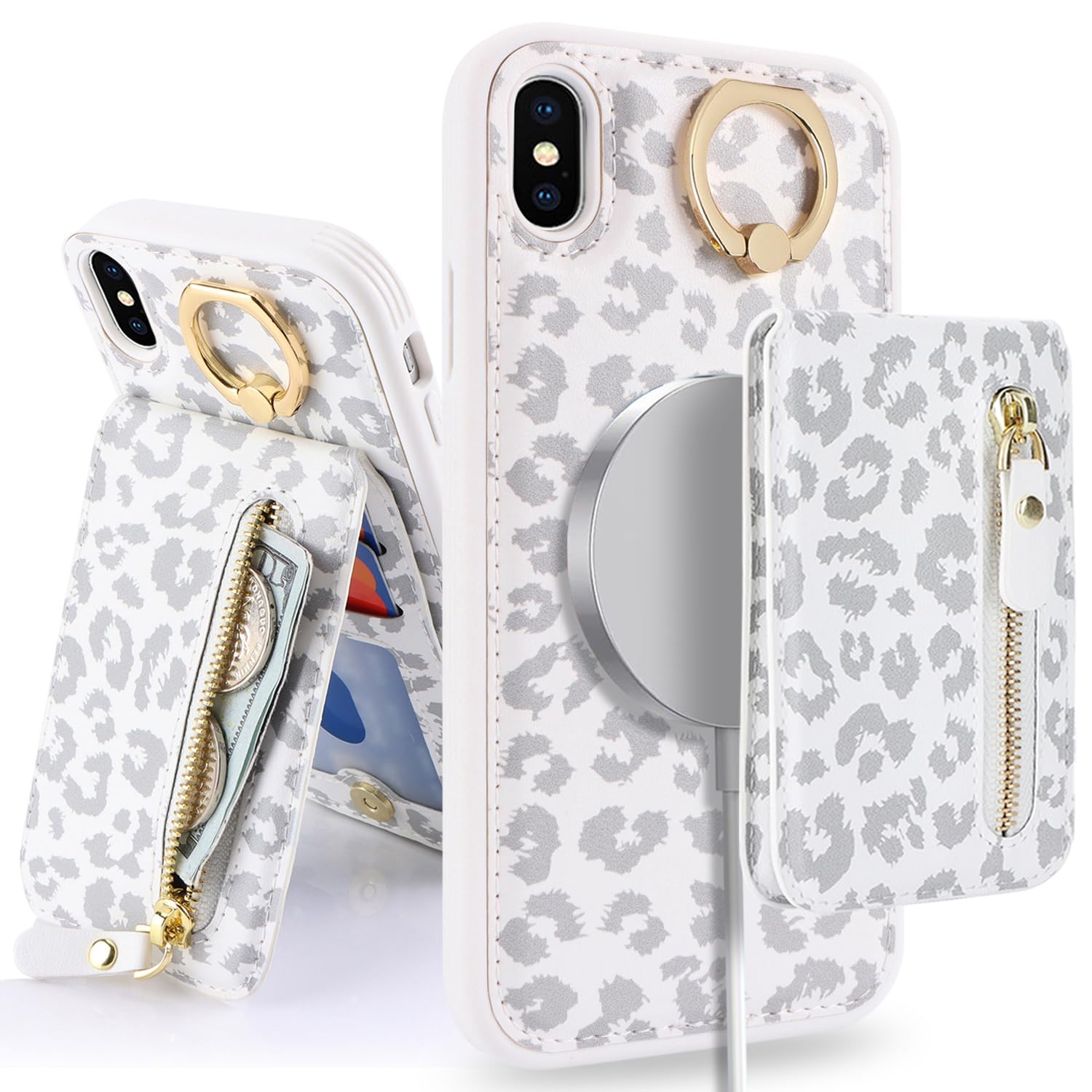 SailorTech iPhone XS Max Case With Card Holder, Ring Stand, Kickstand, Card Slots, Wallet - Detachable 2-in-1 Zipper Cover - White Leopard — image 1