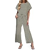 Tankaneo Womens Striped 2 Piece Sets Short Sleeve T Shirts Wide Leg Pants Matching Lounge Set with Pockets