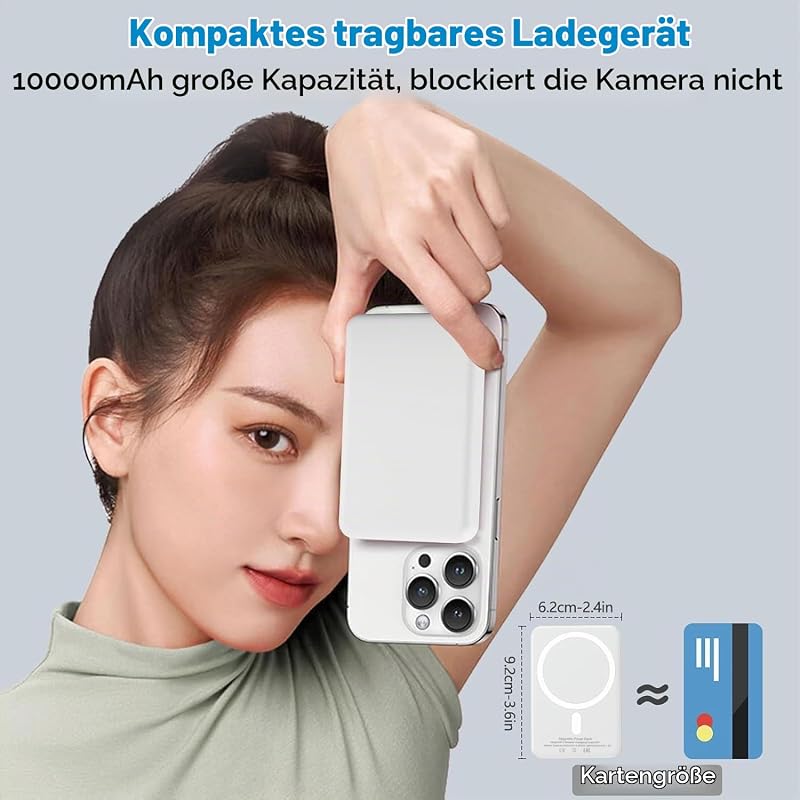 Powerbank für MagSafe, Magnetische Wireless Power Bank 10000mAh Schnellladefunktion Ladegerät, Kabellose Tragbares Externer Akku mit USB-C für iPhone 12 13 14 15 16 17 Serie