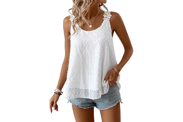 Falechay Womens Tank Tops Flowy Sleeveless Summer Boho Tank Top for Women Crewneck Spaghetti Strap Lace Camisole Shirts