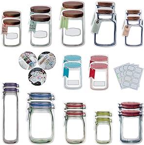 24Pcs Reusable Mason Jar Ziplock Bags, Food Storage Backs, Silicone Containers Organizer, Plastic Jars, Candy Snack Containers, Kitchen Travel Camping Picnic, Blue Pink Bottle for Kids, Fresh Sandwich