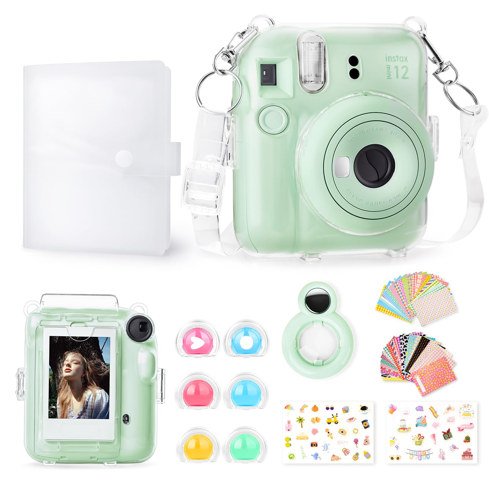 Rieibi Accessories for Fujifilm Instax Mini Gift Bundle Includes Clear Case with Strap, Photo Album, Selfie Mirror, DIY Stickers, Color Filter - Green