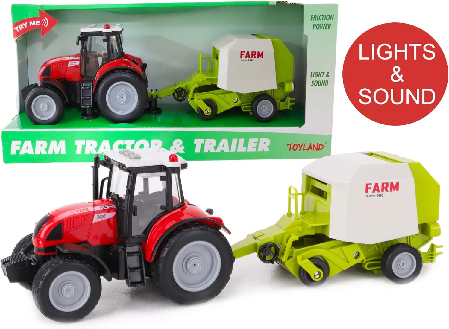 Toyland® 37cm Red Tractor & Trailer With Lights & Sound - Kids Farm Toys (Tractor & Baler), Approximately 37cm