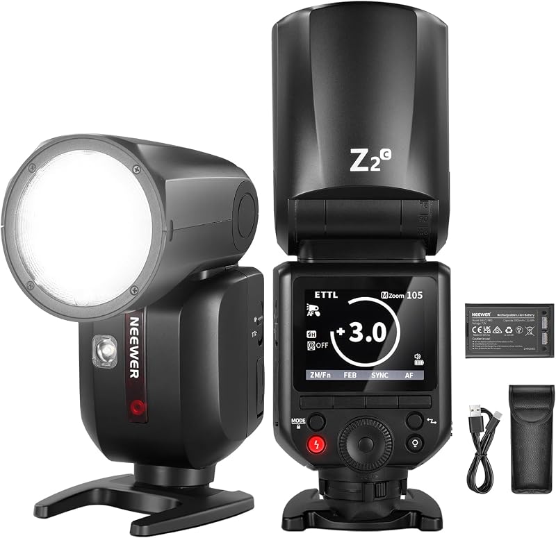 Flash Z2-C 2.4G TTL Speedlite Cabeça redonda compatível com Canon, Flash HSS 76Ws 1/8000s com interface melhorada, 2 lâmpadas de modelação, interruptor TCM TTL/M rápido, bateria 7.2V/3000mAh, flash de 600 mAh