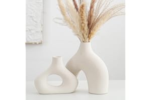 CEMABT Beige Ceramic Vase Set of 2 for Modern Minimalist Bohemian Decor，Round Matte Donut Vases for Pampas Grass-Perfect for 