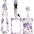 ID Badge Holder with Lanyard, Retractable Badge Holders Reels with Lanyards Adjustable, for Women Kids Teacher Nurses Doctor Student(Cute Purple Flower)