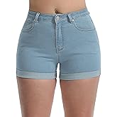 Romastory Women's High Waisted Summer Elastic Jean Shorts Folded Hem Hot Denim Shorts for Women
