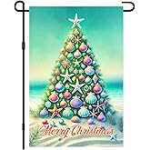 IVN Merry Christmas Garden Flag 12x18 Inch Double Sided Beach Seashell Coastal Tree Outdoor Holiday Decor Tropical Yard Flag for Porch Lawn House Winter Seasonal Christmas Decorations