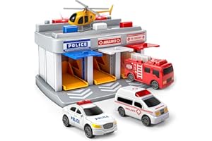 YNYBUSI Rescue Station Kids Toys for 3 4 5 6 Years Old Boys,4 in 1 Toy Car Parking Garage PlaySet,Ambulance,Fire Truck,Police Car, Helicopter Emergency Vehicle Toys with Sound & Light,Gifts for Toddlers Kids