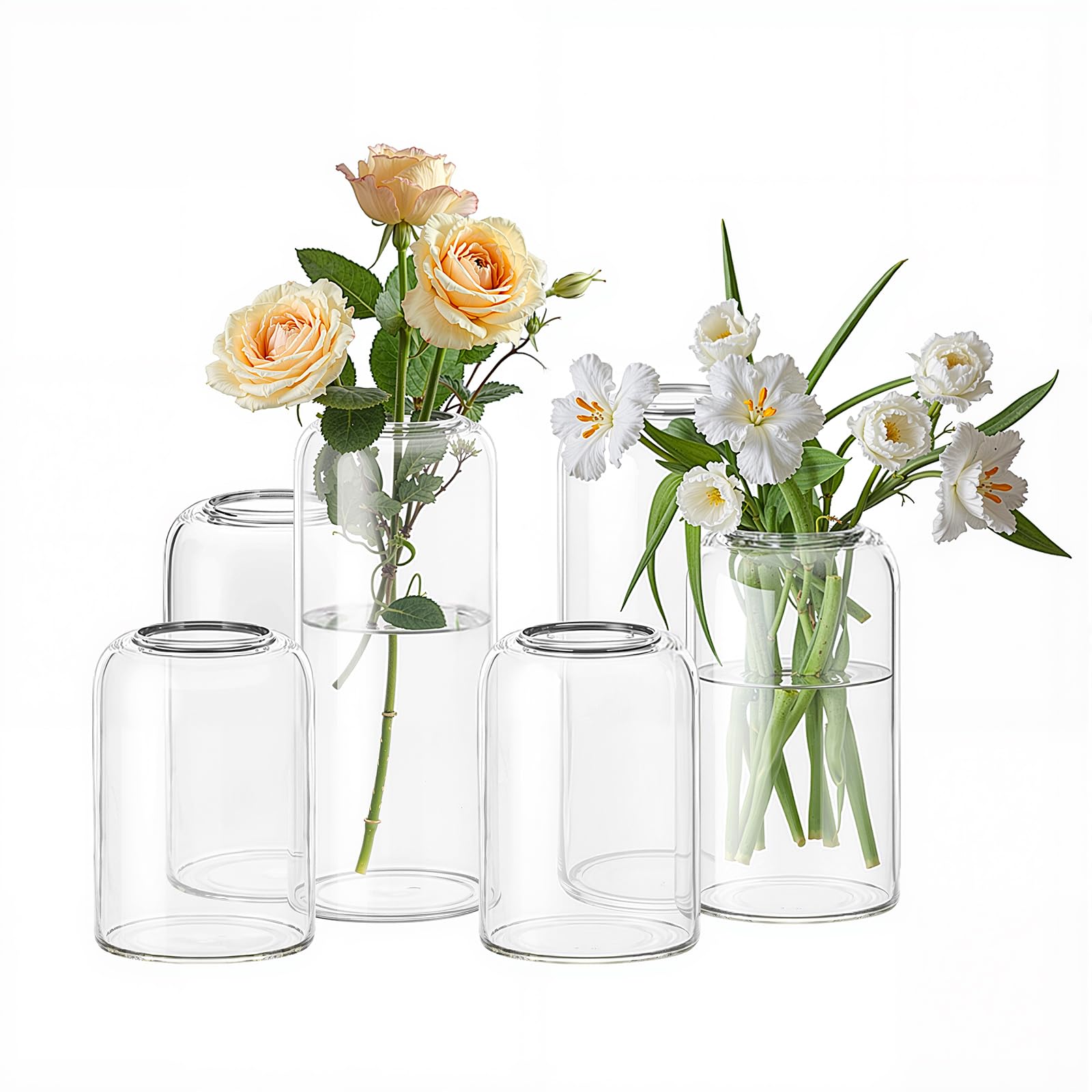 Photo 1 of 24 Clear Glass Vases | 3 Hights(6.5“ H+5“ H+3.9“ H), Curved-Rim Cylinder Vases for Rustic Farmhouse Centerpieces Wedding Table Decor Bud Vases in Bulk