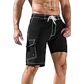 SILKWORLD Mens Swim Trunks with Compression Liner Quick-Dry 10" Stretch Beach Shorts