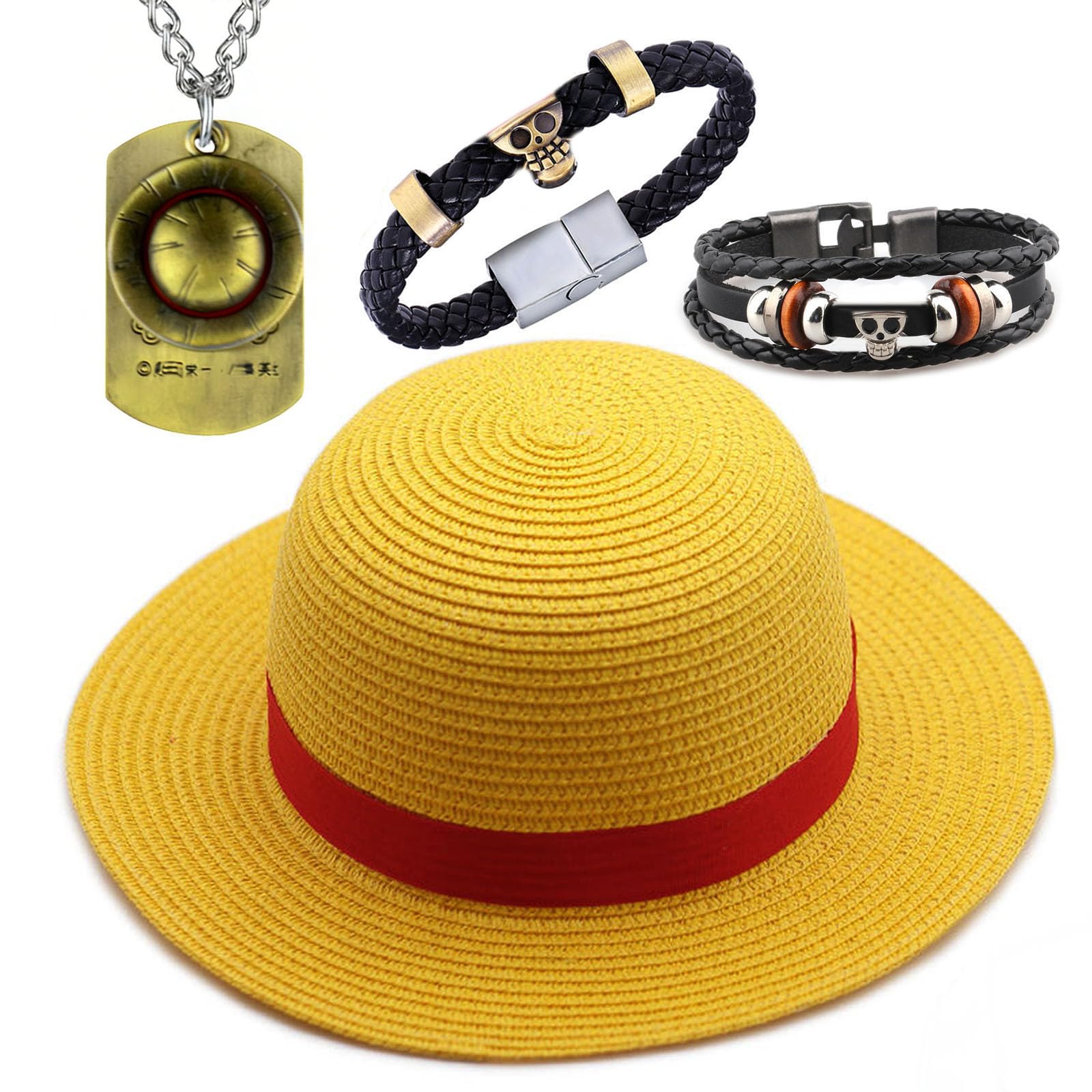 YouU Straw sun Hat Cospaly Costume Party Men’s and Women’s Beach Sun Hat Ruffy Necklace Bracelets Anime OP. Jewelry with Stickers 24 pcs