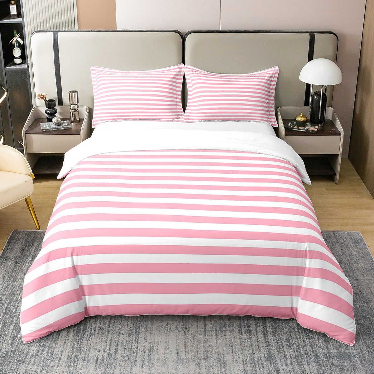 Cotton Pink Striped Duvet Cover for Kids Girls Red White Stripe Bedding Set Super King Farmhouse Ticsuper King Stripes Women Comforter Cover Decor Horizontal Stripes Geometric Lines Quilt Cover