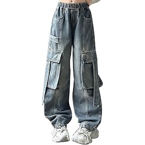 Kids Cargo Denim Jeans Straight Wide Leg Baggy Pants for Girls Boys Casual Washed Black Trousers Hiphop