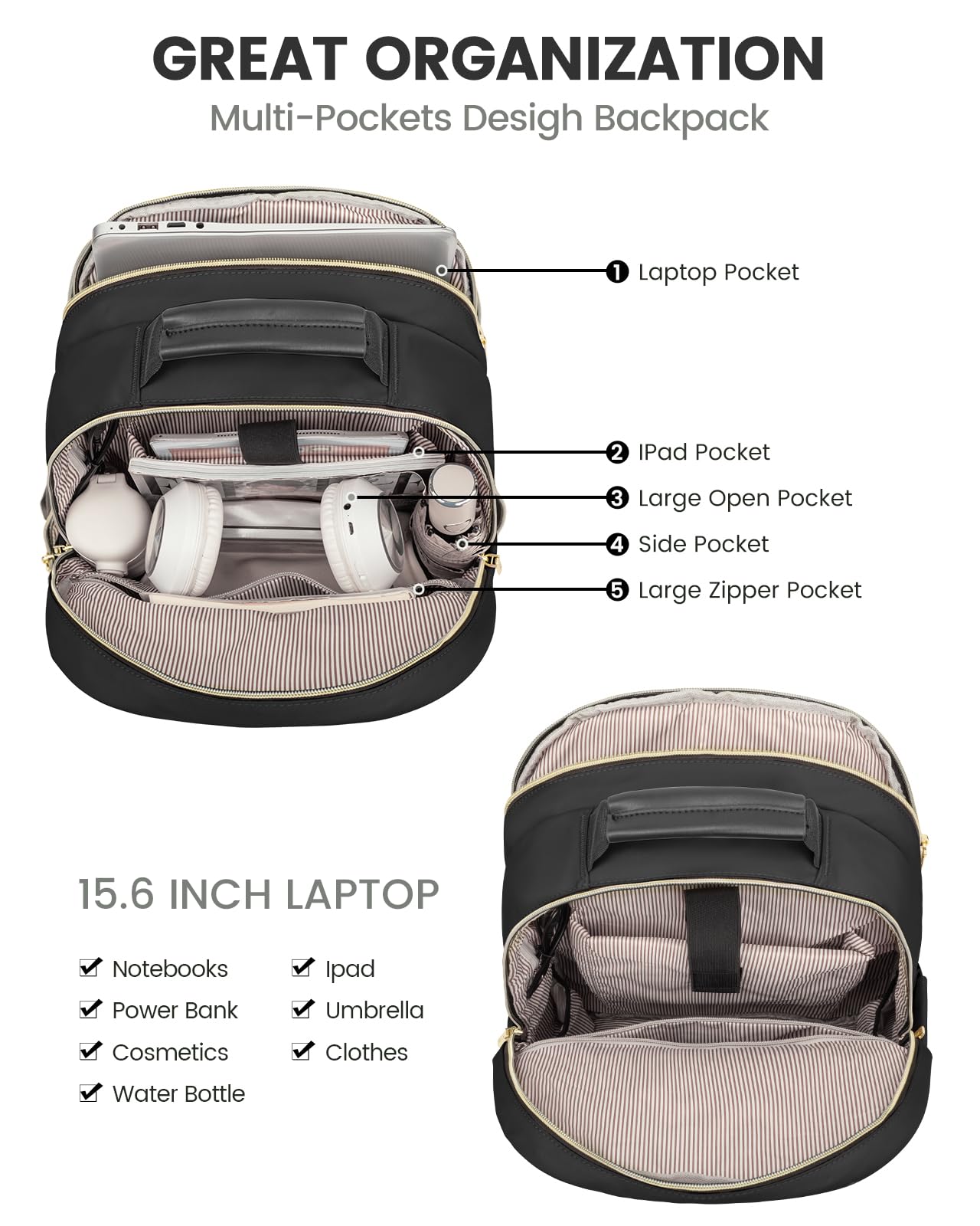 LOVEVOOK Laptop Backpack Purse for Women, Work Travel Computer Bags, College School Backpack for Student Girl, Quilted Casual Daypack with USB Port, Fit 15.6 Inch Laptop, Black