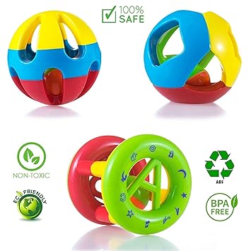 WISHKEY Kids Non-Toxic, Shake and Grab Ball, Educational and Developmental Toys with Storage Bag Baby Rattles-Set of 3