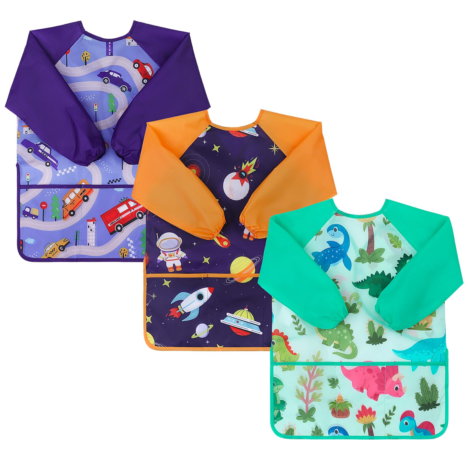GSrenyu Kids Art Smock, 3 Pack Waterproof Artist Painting Aprons for Ages 3-8 with Long Sleeve and 3 Pockets Cartoon Kids Apron for Painting, Cooking, Eating, Crafts (Green, Dark Blue, Yellow)
