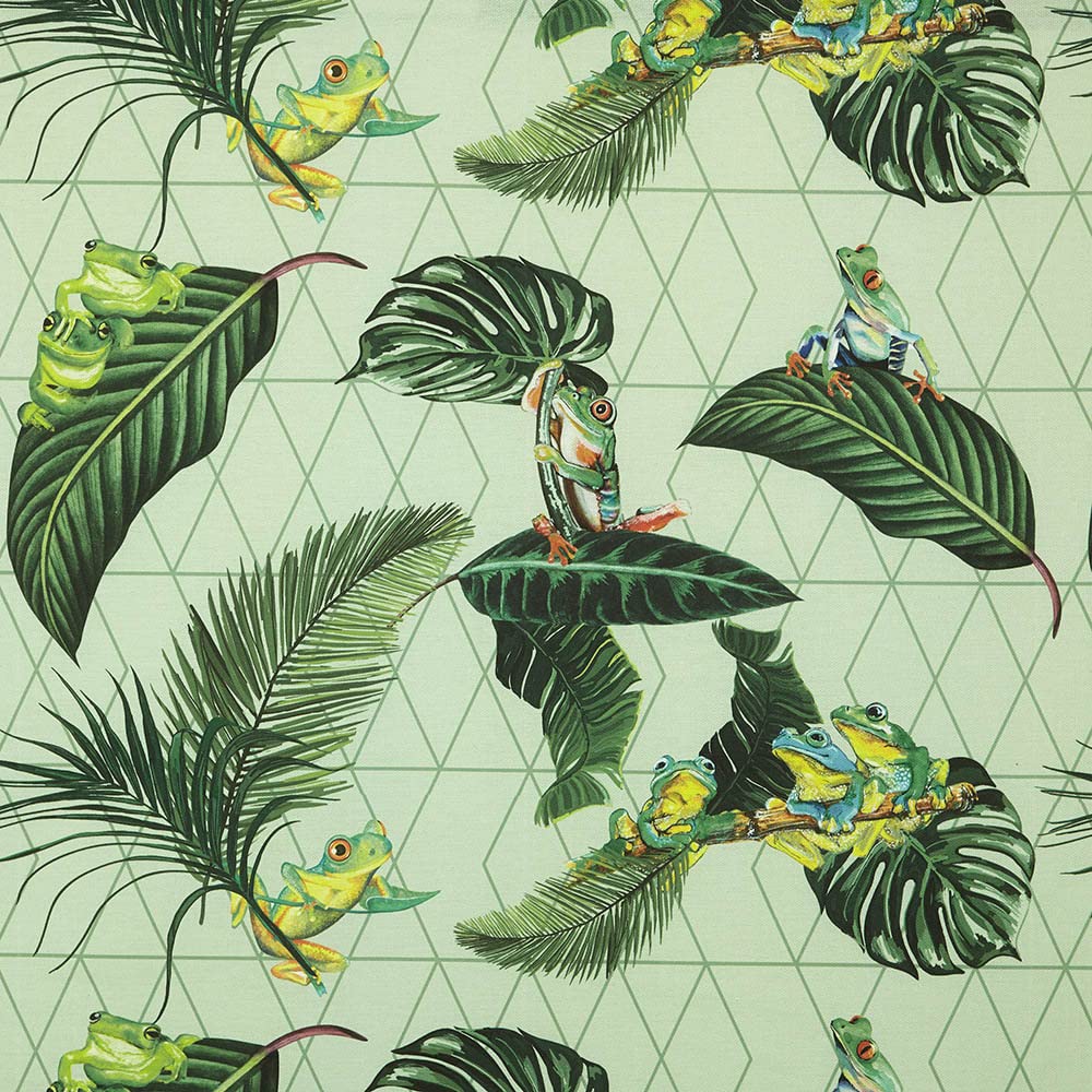 Kt KILOtela - Digital Printed Canvas Fabric - Upholstery, Cushions, Curtains - Half Panama 100% Cotton - Fabric 100 cm Length x 280 cm Width | Frogs on Leaves - Green, Yellow ─ 1 Metre