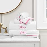 Juicy Couture White/Hot Pink Border Bath Towels 6-Piece 100% Cotton Bath Towel Set