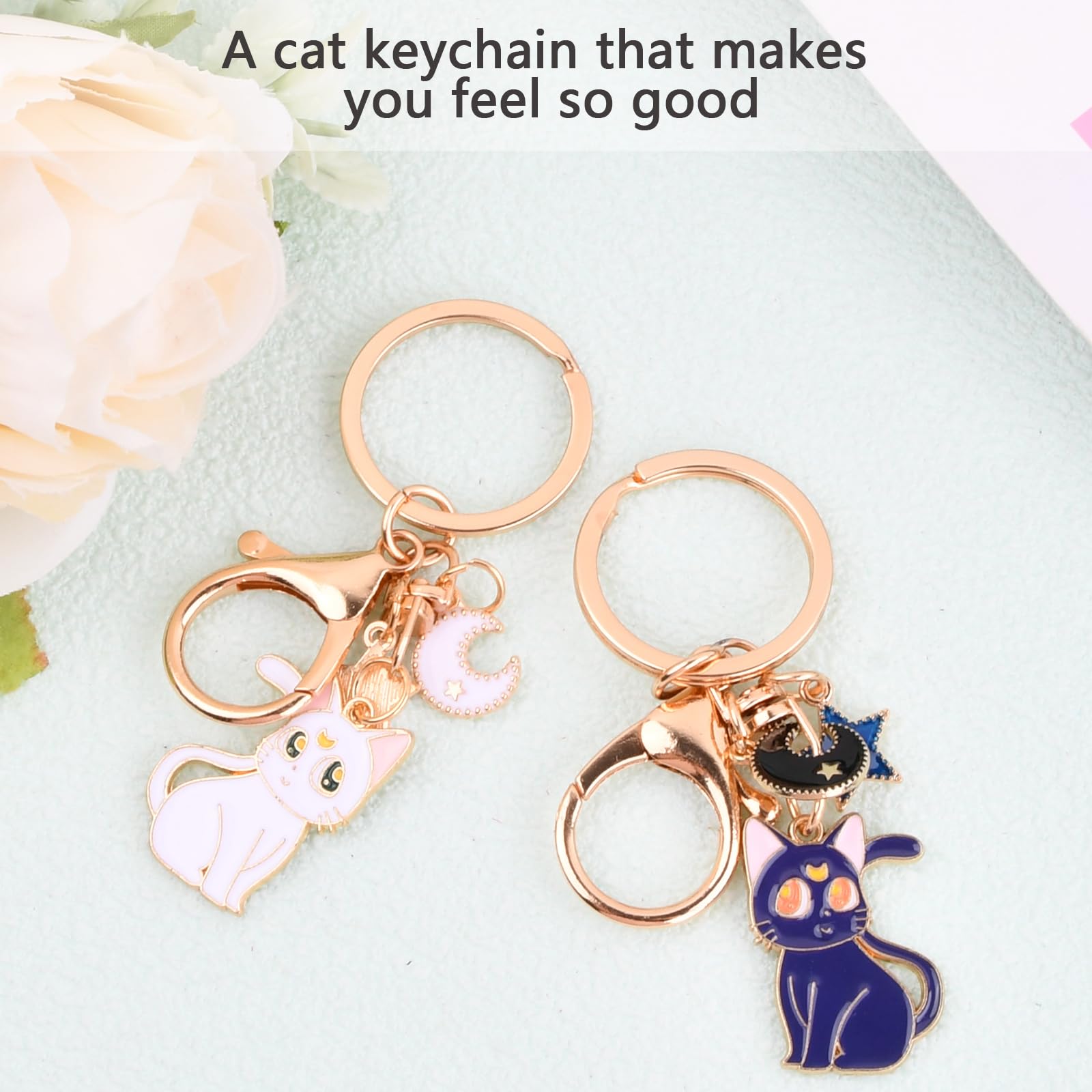 2 Pcs Sailor Moon Keychain Cartoon Cute Magic Cat Keychain Sailor Moon Idea Metal Pendant KeychainCartoon Keyring for Womens Bag Charms Cat Keychains for Women Girls Cat Lovers