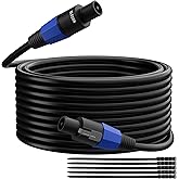 Elecan Professional Male Speakon to Speakon Cable 100 Ft, 12AWG Heavy-Duty High Power Audio Cord DJ/PA Amplifier Speaker Cable Wire with Twist Lock Connector, 9.5MM OD, Black +Ties