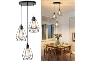 YXTH 3-Light Pendant Light Fixtures, Farmhouse Hanging Pendant Lighting, Adjustable Industrial Kitchen Island Hanging Light Fixture, Black Metal Cage Pendant Ceiling Lamp for Kitchen Dining Room